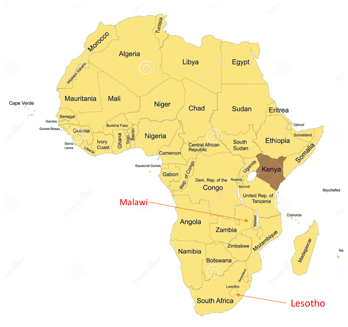 Map of Africa highlighting Kenya, Malawi, and Lesotho