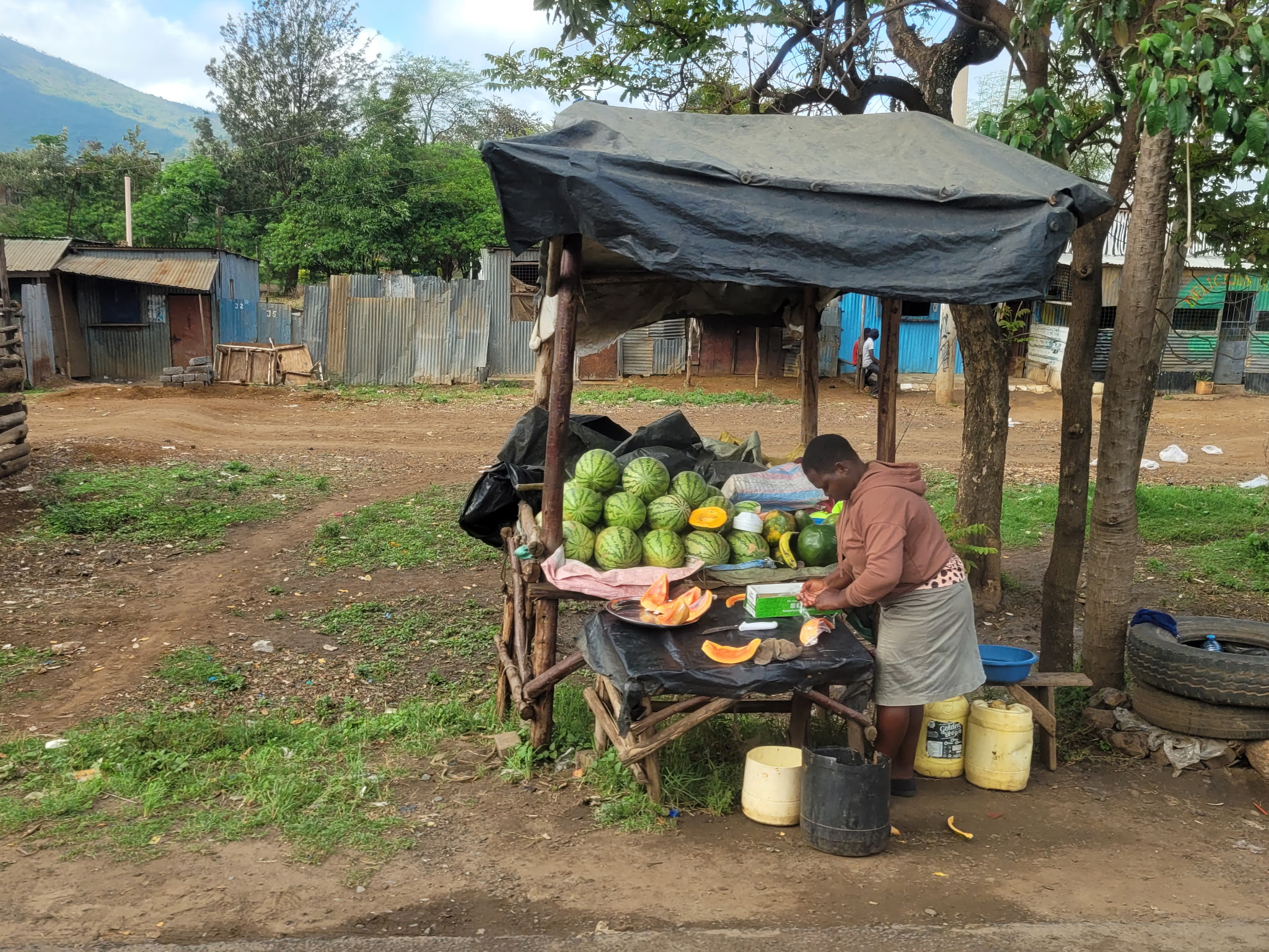 Woman selling melons at a roadside stand in Kenya