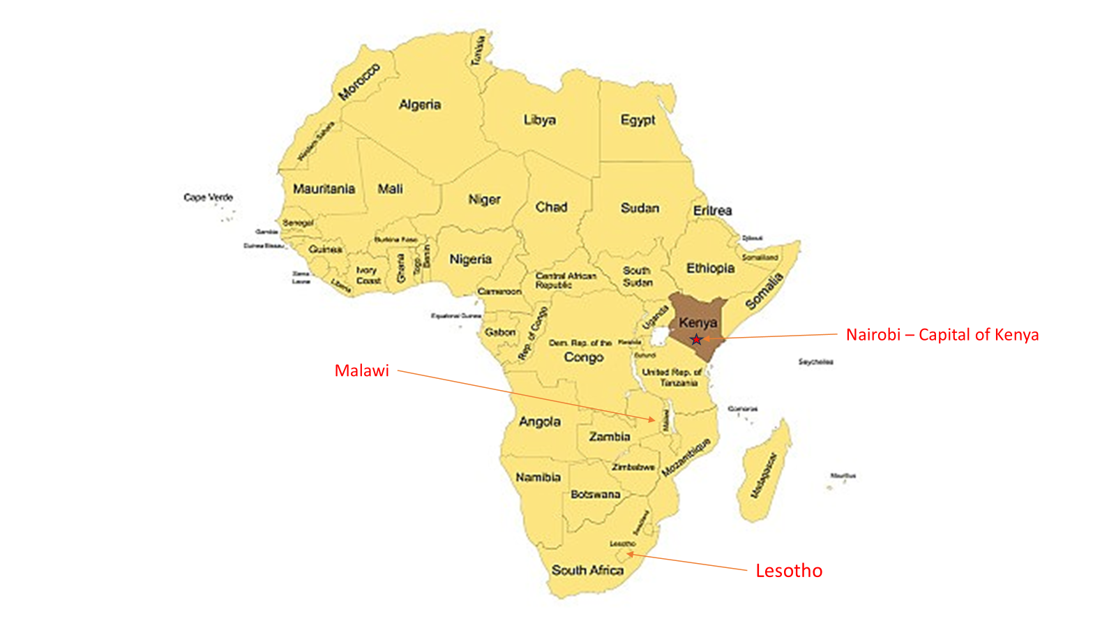 Map of Africa highlighting Kenya, with Nairobi, Malawi, and Lesotho labeled